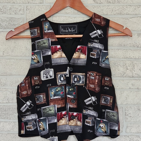 Vintage 90s Nicole Miller Novelty Silk Vest Television Theme Size Large - Picture 1 of 6